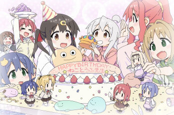 Rule 34 | > <, 6+girls, :o, apron, black hair, breasts, brown hair, c:, cake, character request, chibi, confetti, crown, doll, fang, food, genderswap, genderswap (mtf), green eyes, grey hair, grin, hair ornament, hair ribbon, happy birthday, hat, highres, holding, holding crown, holding plate, hozuki kaede, hozuki momiji, hugging doll, hugging object, lab coat, large breasts, light smile, long hair, long sleeves, looking at another, low twintails, mars symbol, matado (almukha), multiple girls, murosaki miyo, oka asahi, onii-chan wa oshimai!, open mouth, oyama mahiro, oyama mihari, party, party hat, party popper, pink eyes, pink hair, plate, ponytail, red hair, ribbon, short hair, short sleeves, short twintails, siblings, sisters, smile, star (symbol), table, tenkawa nayuta, twintails, venus symbol, yellow eyes