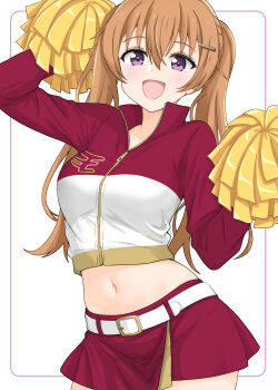 1girl absurdres arms_up belt border breasts brown_hair cheerleader commentary_request hair_between_eyes hair_ornament hairclip highres jacket konoe_kanata kurono_(pixiv1905129) long_hair looking_up love_live! love_live!_nijigasaki_high_school_idol_club medium_breasts midriff miniskirt multicolored_jacket navel open_mouth partially_unzipped pink_border pom_pom_(cheerleading) red_skirt simple_background skirt smile solo track_jacket twintails white_background white_belt zipper zipper_pull_tab