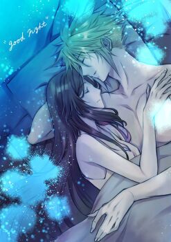 1boy 1girl bare_shoulders bed_sheet black_hair blonde_hair breasts cleavage closed_eyes cloud_strife collarbone couple cuddling final_fantasy final_fantasy_vii hand_on_another&#039;s_chest head_on_arm hetero highres long_hair lying medium_breasts night on_back on_side pectorals pillow profile quichi_91 short_hair sleeping spiked_hair tank_top tifa_lockhart topless_male under_covers upper_body white_tank_top