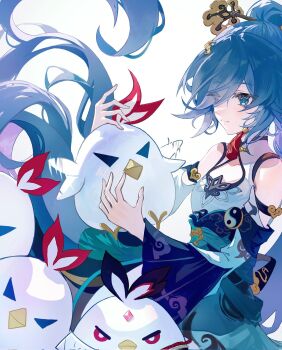 1girl animal baigeo bare_shoulders blue_eyes china_dress chinese_clothes closed_mouth commentary detached_sleeves dress fu_hua fu_hua_(azure_empyrea) grey_hair hair_ornament hair_stick hashtag-only_commentary highres holding holding_animal honkai_(series) honkai_impact_3rd jingwei_(bird) long_hair sleeveless sleeveless_dress solo very_long_hair white_dress