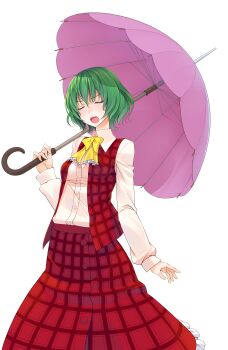 Rule 34 | 1girl, ascot, blouse, breasts, commentary request, cowboy shot, crote, frills, green hair, hair between eyes, hand up, highres, holding, holding umbrella, kazami yuuka, large variant set, long hair, long skirt, long sleeves, medium breasts, open clothes, open mouth, open vest, plaid clothes, plaid skirt, shirt, short hair, simple background, skirt, skirt set, solo, standing, teeth, touhou, transparent background, umbrella, upper teeth only, variant set, vest