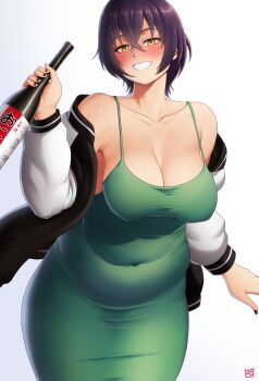 1girl bare_shoulders belly black_nails blush bocchi_the_rock! bottle breasts brown_eyes cleavage collarbone commentary_request cosplay covered_navel dress finalcake green_dress grin highres hiroi_kikuri hiroi_kikuri_(cosplay) jacket large_breasts multicolored_jacket off_shoulder open_clothes open_jacket plump purple_hair sake_bottle short_hair smile solo spaghetti_strap tight_clothes tight_dress two-tone_jacket yotaka_aoi yotaka_futatabi