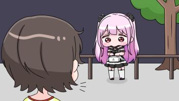 2girls black_dress black_shoes blush_stickers box brown_hair chibi commentary_request dress garter_straps highres holding holding_box hololive long_hair mochimiko multiple_girls night notice_lines oozora_subaru oozora_subaru_(1st_costume) outdoors pastry_box pink_hair red_eyes shirt shoes short_hair standing striped_clothes striped_shirt thighhighs tree two_side_up uruha_rushia uruha_rushia_(3rd_costume) vertical-striped_clothes vertical-striped_shirt very_long_hair virtual_youtuber white_thighhighs yurie_mouth