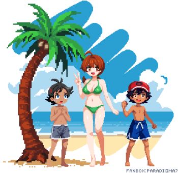 1girl 2boys age_difference antenna_hair ash_ketchum barefoot baseball_cap beach bikini black_hair blue_eyes blue_sky blush_stickers breasts brown_eyes brown_hair bulge cloud curvy day delia_ketchum erection erection_under_clothes goh_(pokemon) green_bikini grey_hair hat horizon large_breasts looking_at_another looking_at_viewer looking_up mother_and_son multiple_boys nervous nintendo ocean onee-shota outdoors palm_tree paradigma7 pixel_art pokemon pokemon_(anime) pokemon_journeys red_hat sand shorts shota sky swimsuit tree water wide_hips