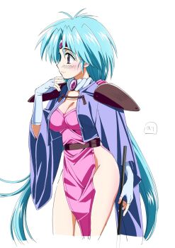 1girl blue_hair breasts circlet cleavage closed_mouth fingerless_gloves gloves haou_taikei_ryuu_knight highres holding holding_staff large_breasts long_hair nori_(norimakigumo) paffy_pafuricia purple_eyes simple_background smile solo staff twintails very_long_hair white_background
