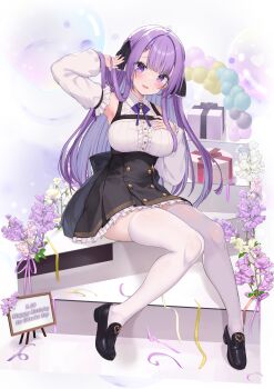 Rule 34 | 1girl, absurdres, arm up, armpits, black ribbon, black shoes, black skirt, blunt bangs, blush, braid, braided bangs, breasts, brooch, character name, collared shirt, dated, detached sleeves, flower, frilled skirt, frilled sleeves, frills, hair ribbon, hand on own chest, happy birthday, high-waist skirt, highres, indie virtual youtuber, jewelry, large breasts, long hair, looking at viewer, ochinsama, otsuka ray, parted bangs, pleated skirt, purple eyes, purple flower, purple hair, purple nails, purple ribbon, ribbon, second-party source, shirt, shoes, sidelocks, sitting, skirt, sleeveless, sleeveless shirt, smile, solo, tassel loafers, thighhighs, virtual youtuber, white shirt, white sleeves, white thighhighs