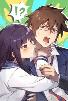 Rule 34 | !?, 1boy, 1girl, artist name, blue jacket, blue sailor collar, blush, brown eyes, brown hair, bungaku shoujo (danshi koukousei), collared shirt, commentary, danshi koukousei no nichijou, dated, glasses, grabbing another's arm, hand on another's neck, heart, heart-shaped pupils, highres, jacket, lapels, looking at another, looking at viewer, neck grab, necktie, open clothes, open jacket, purple hair, sailor collar, sailor shirt, school uniform, shirt, small sweatdrop, striped clothes, striped necktie, symbol-shaped pupils, tabata hidenori, white shirt, xuchuan