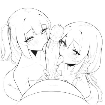 Rule 34 | 3boys, absurdres, blush, braid, cooperative fellatio, erection, fellatio, greyscale, group sex, hair between eyes, highres, huge penis, licking, licking penis, lineart, long hair, looking at viewer, male focus, mmm threesome, monochrome, multiple boys, one side up, oral, penis, pov, precum, simple background, sogogistew, teamwork (sexual), threesome, tongkkangi, tongkkangi (streamer), tongue, tongue out, trap, uncensored, virtual youtuber, white background, yaoi