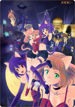 Rule 34 | 1boy, 3girls, :3, angry, animal ears, arched back, argyle, arm grab, breasts, cat ears, cat tail, coat, collage, collar, collarbone, corset, cuffs, detective, diamond (gemstone), dog ears, dog tail, elbow gloves, fang, floating hair, full moon, gloves, green eyes, handcuffs, hanging, knife, looking at viewer, mask, midriff, miniskirt, moon, multiple girls, navel, necktie, open mouth, original, overcoat, pencil skirt, pink hair, police, police uniform, purple hair, red eyes, ribbon, shirotsumekusa, shitajiki, short hair, short shorts, shorts, skirt, sleeveless, smile, strapless, tail, theft, thigh strap, thighhighs, tube top, upside-down, watch, wristwatch