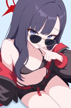 1girl bikini black_bikini black_hair black_jacket black_shorts blue_archive blue_background blue_eyes breasts closed_mouth finger_to_mouth from_above halo highres ichika_(blue_archive) ichika_(swimsuit)_(blue_archive) io9 jacket long_hair long_sleeves looking_at_viewer off_shoulder open_clothes open_jacket red_halo shorts simple_background sitting small_breasts smile solo sunglasses swimsuit