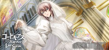 1boy androgynous blue_eyes bridal_veil bride brown_hair church code_geass code_geass:_lost_stories crossdressing crossdressing_(mtf) dress flower highres kannon_maldini lipstick long_sleeves makeup official_art puffy_sleeves rose smile solo trap veil wedding wedding_dress white_dress white_flower white_rose