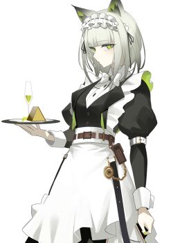 1girl animal_ear_fluff animal_ears apron arknights belt blunt_bangs bow bowtie brown_belt buttons cheese closed_mouth cowboy_shot drink food frills green_eyes grey_hair highres holding holding_tray juliet_sleeves kal&#039;tsit_(arknights) long_sleeves official_alternate_costume paszuto puffy_sleeves short_hair simple_background solo standing traditional_bowtie tray waist_apron white_apron white_background white_bow white_bowtie