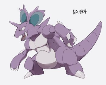 black_eyes claws full_body gen_1_pokemon legs_apart morio_(poke_orio) nidoking nintendo no_humans open_mouth pokedex_number pokemon pokemon_(creature) pokemon_focus sharp_teeth simple_background solo standing teeth tongue white_background