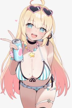 1girl absurdres ahoge aqua_bikini arm_behind_back armpit_crease bare_shoulders belt bikini black_choker blonde_hair blue_eyes blue_nails bracelet breasts can choker cleavage cowboy_shot drink_can earrings eyewear_on_head fingernails front-tie_bikini_top front-tie_top gradient_hair heart heart-shaped_eyewear highres holding holding_can jewelry large_breasts leaning_forward long_fingernails long_hair multicolored_hair multicolored_nails nail_polish navel necklace noya_(stella_sora) official_alternate_costume open_mouth orange_hair red_nails scrunchie side-tie_bikini_bottom simple_background single_earring skindentation smile soda_can solo sorahana_(haruka1638) standing star-shaped_pupils star_(symbol) stella_sora stomach striped_bikini striped_clothes sunglasses swimsuit symbol-shaped_pupils teeth thigh_gap thigh_strap thighs upper_teeth_only v vertical-striped_bikini vertical-striped_clothes very_long_hair wet white_background white_belt wrist_scrunchie yellow_nails