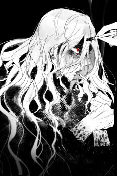 1girl abuse bad_id bad_pixiv_id cigarette cigarette_burn coat crying crying_with_eyes_open danganronpa_another earrings eyelashes fur_coat greyscale highres holding holding_cigarette jewelry long_hair looking_up magorobi_emma monochrome partially_shaded_face red_eyes smoke smoke_trail spot_color super_danganronpa_another_2 sweat tears techa_(pixiv7164124) upper_body wavy_hair