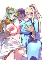 1boy 2girls angry animated asymmetrical_docking bodysuit breast_press breasts breasts_out covered_erect_nipples covered_navel dress female_pubic_hair grabbing_another&#039;s_breast grabbing_from_behind groping happy high_ponytail kid_icarus large_breasts lowres metroid mole mole_under_mouth multiple_girls nintendo nipples no_bra no_panties palutena pimp ponytail pubic_hair s_doubt90 samus_aran skin_tight super_smash_bros. tagme video zero_suit