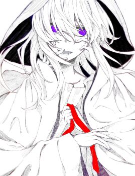 1girl alternate_costume collarbone commentary dated_commentary dress extra_arms hands_on_own_face highres holding hood hood_up long_hair long_sleeves lower_teeth_only maribel_hearn necktie open_mouth oriharareimu purple_eyes red_necktie solo spot_color teeth touhou white_background white_sleeves