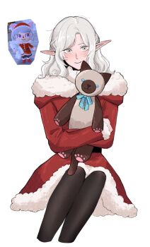 1boy animal_crossing braid coat cropped_legs dungeon_meshi elf fur-trimmed_coat fur_trim game_screenshot_inset grey_eyes grey_hair half_up_braid highres holding holding_stuffed_toy long_sleeves looking_at_viewer male_focus medium_hair mithrun mithrun_(young) nintendo pointy_ears red_coat sitting smile solo stuffed_animal stuffed_cat stuffed_toy wavy_hair ying45658704