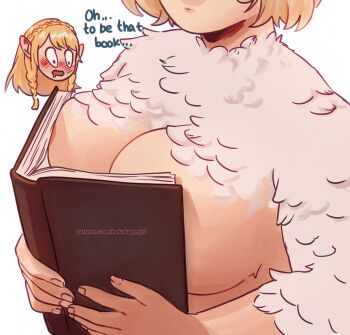 2girls artist_name blonde_hair blush boobs_in_book_(meme) book braid breast_awe breasts cleavage commentary crown_braid drooling dungeon_meshi elf english_commentary falin_touden falin_touden_(chimera) feathers female_focus head_out_of_frame highres holding holding_book large_breasts marcille_donato meme multiple_girls nekokagegirl nude open_book patreon_username pointy_ears twin_braids upper_body watermark web_address white_feathers yuri