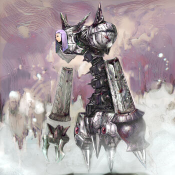 1boy alternate_form byte_(grunty-hag1) capcom closed_eyes final_boss floating_limbs mechanical_arms mechanical_hands mechabare mega_man_(series) mega_man_legends_(series) megaman_juno purple_hair robot