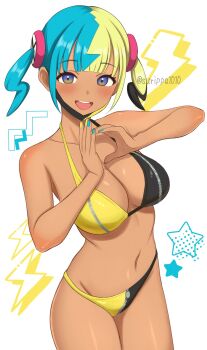 1girl bare_arms bare_shoulders bikini black_bikini blonde_hair blue_eyes blue_hair blue_nails breast_zipper breasts canari_(pokemon) cleavage commentary_request cowboy_shot crotch_zipper hair_ornament halterneck highres large_breasts long_hair looking_at_viewer mask mask_pull mouth_mask multicolored_bikini multicolored_hair nail_polish navel nintendo open_mouth pokemon pokemon_legends:_z-a smile solo split-color_hair stomach surippa1010 swimsuit twintails two-tone_bikini two-tone_hair yellow_bikini zipper_pull_tab