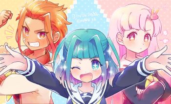 Rule 34 | 1boy, 2girls, bandage on face, bandages, blue eyes, blue hair, blush, bras d'honneur, commission, crossed arms, eyelashes, grin, multiple girls, orange hair, original, outstretched arms, pink hair, rabbit in eyes, school uniform, smile, sparkle, sparkling eyes, translation request, tsunoji, twitter username