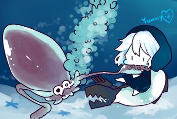 1girl abyssal_ship animal biting chibi colored_skin crying crying_with_eyes_open drooling fangs hood hoodie kantai_collection kobone monster_girl pale_skin re-class_battleship squid tail tears underwater white_hair white_skin