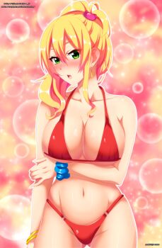 1girl absurdres arm_across_waist artist_name bangle bikini blonde_hair blue_scrunchie blush bracelet breasts cat_hair_ornament cleavage deviantart_username earrings female_focus green_eyes hair_ornament hajimete_no_gal high_ponytail highres jewelry large_breasts looking_at_viewer ponytail red_bikini red_swimsuit scrunchie sidelocks solo swimsuit third-party_edit username wrist_scrunchie yame_yukana