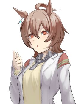 Rule 34 | 1girl, :o, agnes tachyon (tach-nology) (umamusume), agnes tachyon (umamusume), animal ears, blush, breasts, brown hair, coat, collared shirt, commentary request, finger gun, grey necktie, grey shirt, hair between eyes, horse ears, horse girl, lab coat, long bangs, long sleeves, looking at viewer, medium breasts, necktie, open clothes, open coat, open mouth, red eyes, sadahiro (chicken nugget gyuuniku aji), shirt, short hair, short necktie, simple background, solo, sweater vest, umamusume, upper body, white background, yellow sweater vest