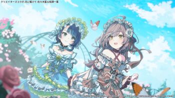 2girls ahoge aizawa_kazuha assault_lily bare_shoulders black_collar blue_bonnet blue_collar blue_dress blue_eyes blue_hair blue_ribbon blue_sky blurry blurry_background blurry_foreground bonnet bow brooch brown_bow brown_collar brown_dress bug butterfly closed_mouth cloud collar collarbone commentary_request copyright_notice cowboy_shot criss-cross_halter cross-laced_clothes cross-laced_dress day dress dress_bow dutch_angle flower frilled_bonnet frilled_bow frilled_collar frilled_hairband frilled_sleeves frills grey_hair hair_flower hair_ornament hairband halter_dress halterneck hand_up hat hat_ribbon highres insect jewelry layered_dress lolita_fashion long_hair long_sleeves looking_ahead looking_at_another looking_to_the_side medium_hair mikisai multiple_girls neck_ribbon off-shoulder_dress off_shoulder official_alternate_costume official_art open_mouth orange_butterfly outdoors pink_flower pink_rose puffy_short_sleeves puffy_sleeves raised_eyebrows ribbon ring rose sasaki_ran short_sleeves sky smile sparkle standing striped_ribbon teeth two-tone_collar two-tone_dress upper_teeth_only white_butterfly white_dress white_flower white_hairband white_rose wide_sleeves yellow_eyes