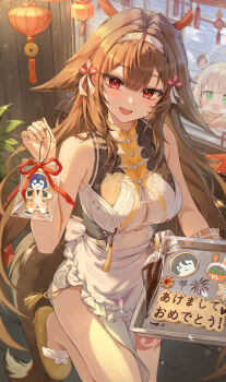 2girls :d absurdres animal_ears bare_arms bare_shoulders belle_(zenless_zone_zero) blonde_hair blush breasts brown_hair commentary_request cookie food green_eyes hair_ornament happy_new_year highres holding indoors ju_fufu large_breasts long_hair looking_at_viewer looking_inside luzzi_(milllim) multiple_girls new_year open_mouth red_eyes slippers smile solo_focus tail very_long_hair ye_shunguang zenless_zone_zero
