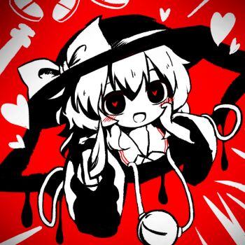 1girl :d blush bow hand_on_own_face hat hat_bow heart heart-shaped_pupils heripantomorrow holding holding_knife knife komeiji_koishi open_mouth partially_colored pill red_background red_theme smile solo symbol-shaped_pupils syringe third_eye touhou