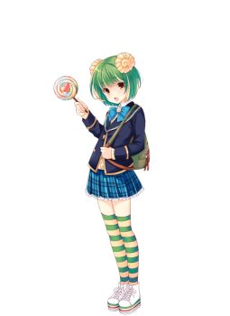 1girl bag blue_bow blue_bowtie blue_skirt bow bowtie brown_eyes candy cardigan food full_body girlfriend_(kari) green_hair hair_ornament ishida_isuki jacket looking_at_viewer miniskirt official_art plaid_clothes plaid_skirt pleated_skirt qp:flapper school_uniform shirt shoes simple_background skirt sneakers socks solo striped_clothes striped_socks thighhighs thighs transparent_background white_shirt yellow_cardigan