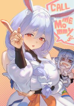 Rule 34 | 2girls, animal ear fluff, animal ears, arm under breasts, bare shoulders, blue hair, braid, breasts, bright pupils, carrot, commentary request, dithered background, dress, english text, fur scarf, hair between eyes, hair over shoulder, highres, hololive, large breasts, long hair, long sleeves, looking at viewer, mother and daughter, multicolored hair, multiple girls, open mouth, orange background, orange eyes, otsudou, pekomama, pointing, rabbit ears, rabbit girl, red eyes, shaded face, short eyebrows, speech bubble, sweat, thick eyebrows, twin braids, two-tone hair, usada pekora, virtual youtuber, white hair