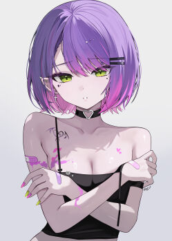 1girl absurdres arm_strap bandaid bandaid_on_arm bandaid_on_hand black_camisole black_choker bob_cut breasts camisole choker cleavage commentary covering_breasts covering_privates cross cross_earrings demon_girl ear_piercing earrings facial_mark gradient_hair green_eyes green_nails hair_ornament hairclip heart heart_facial_mark heart_o-ring highres hololive jewelry kkato looking_at_viewer mark_under_eye medium_breasts multicolored_hair nail_polish o-ring o-ring_choker official_alternate_hair_length official_alternate_hairstyle paint_on_body parallel_hairclips parted_lips piercing pink_hair pink_nails pointy_ears purple_hair short_hair solo spiked_ear_piercing strap_slip swept_bangs symbol-only_commentary tattoo tokoyami_towa upper_body virtual_youtuber winged_heart winged_heart_tattoo