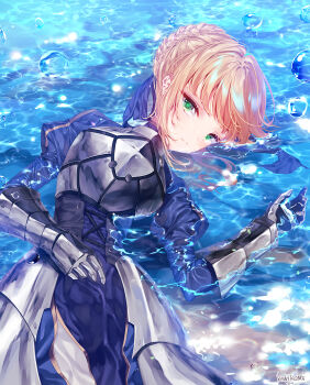 1girl ahoge armor armored_dress artoria_pendragon_(fate) blonde_hair blue_dress blue_ribbon braid breastplate closed_mouth dress fate_(series) faulds gauntlets green_eyes hair_bun hair_ribbon juliet_sleeves kiwikong long_sleeves looking_at_viewer lying partially_submerged puffy_sleeves ribbon saber_(fate) sensitive solo water