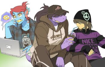 1other 2girls alternate_costume alternate_hairstyle baseball_cap blue_skin brown_hair brown_hat brown_hoodie brown_pants chief_undyne colored_sclera colored_skin computer cup deltarune disposable_cup drawstring drinking drinking_straw fins freckles furry furry_female gills glasses hat head_fins highres holding holding_cup hood hoodie kris_(deltarune) laptop multiple_girls pants ponytail purple_skin red_hair shirt short_hair simple_background sitting susie_(deltarune) sweat tail ttudolee undyne utdr_(toby_fox) w.d._gaster webbed_hands white_background yellow_sclera