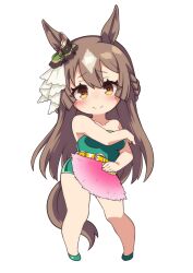 Rule 34 | absurdres, animal ears, bare shoulders, belt, blush, bow, breasts, brown hair, chibi, closed mouth, commentary request, ear ribbon, full body, green footwear, green ribbon, hand fan, highres, holding, holding fan, horse ears, horse girl, horse tail, long hair, looking at viewer, medium breasts, ribbon, satono diamond (umamusume), shoes, simple background, smile, tail, thighs, umamusume, white background, yellow belt, yellow eyes, yuki usagi (agtd5758)