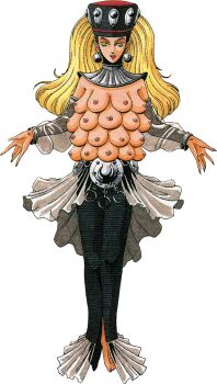 1girl ancient_greek_clothes artemis_(megami_tensei) black_pants blonde_hair breasts demon_(megami_tensei) detached_sleeves earrings extra_breasts greco-roman_clothes green_eyes green_hair hat highres jewelry kazuma_kaneko kyuuyaku_megami_tensei nipples official_art pants scan see-through_clothes see-through_sleeves shin_megami_tensei solo third-party_source topless_female transparent_background