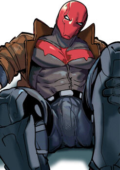 1boy bat_signal batman_(series) batman_symbol black_bodysuit black_gloves bodysuit bogactivity brown_jacket dc_comics gloves grey_bodysuit highres jacket jason_todd male_focus mask multicolored_bodysuit muscular muscular_male open_clothes pants red_hood_(dc) red_hood_and_the_outlaws red_mask superhero_costume taut_bodysuit two-tone_bodysuit