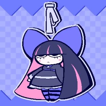 1girl 2025 animated annoyed arms_at_sides black_dress blue_background blue_bow blue_eyes blunt_bangs blush_stickers bow closed_mouth colored_inner_hair commentary disembodied_hand dress english_commentary female_focus frown full_body hair_bow holding holding_stuffed_toy juliet_sleeves long_hair long_sleeves looking_at_viewer multicolored_hair panty_&amp;_stocking_with_garterbelt patterned_background pink_hair puffy_sleeves purple_hair solo squishing stocking_(psg) stuffed_animal stuffed_cat stuffed_toy two-tone_hair very_long_hair video woah_maaan