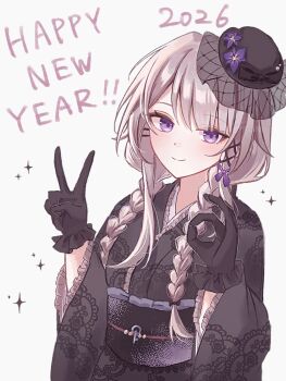1girl 2026 alternate_costume black_kimono black_ribbon braid brown_hair commentary_request frilled_gloves frills funafu gloves hair_ribbon happy_new_year herta_(honkai:_star_rail) highres honkai:_star_rail honkai_(series) japanese_clothes kimono new_year ok_sign purple_eyes purple_ribbon ribbon solo sparkle the_herta_(honkai:_star_rail) twin_braids v white_background