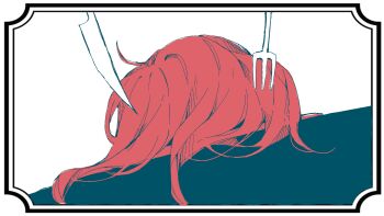 border character_request commentary dated_commentary fork fork_in_hair highres implied_cannibalism implied_death knife knife_in_hair object_focus oriharareimu severed_hair table touhou white_background