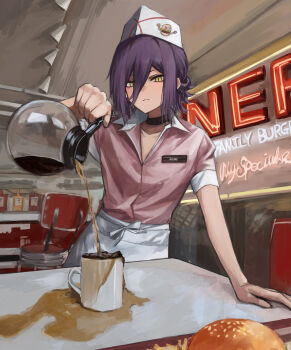 1girl absurdres apron black_choker burger chainsaw_man choker coffee coffee_mug coffee_pot cup deyo_(nicijyou) diner family_burger_(chainsaw_man) family_burger_mascot_(chainsaw_man) food hair_between_eyes hair_bun hand_on_table highres looking_at_viewer medium_hair mug name_tag overflowing pink_shirt pouring purple_hair restaurant reze_(chainsaw_man) shirt single_hair_bun solo v-neck waist_apron waitress yellow_eyes