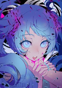 1girl 1other asphyxiation black_background blood blood_from_mouth blood_on_hands blue_eyes blue_hair commentary_request cracked_skin ghost_rule_(vocaloid) hands_on_another's_arm hatsune_miku highres long_hair looking_at_viewer murumuru_(pixiv51689952) no_pupils open_mouth pink_blood portrait simple_background solo_focus strangling teeth tongue twintails upper_teeth_only vocaloid watermark