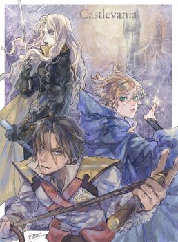 1girl 2boys alucard_(castlevania) aqua_eyes bad_id bad_pixiv_id bishounen blonde_hair blue_eyes brown_hair castle castlevania_(netflix) castlevania_(series) cloak dhampir facial_hair fangs half-human highres long_hair multiple_boys pastel_colors ralph_c_belmont rapier salt_(reincarnation) scar short_hair stubble sword sypha_belnades undead vampire weapon whip