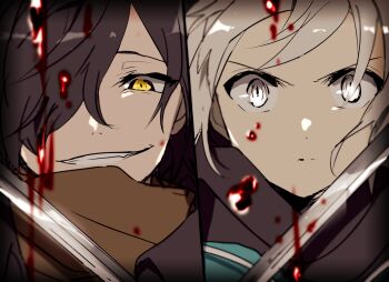 1boy 1girl bad_id bad_pixiv_id black_hair blood close-up closed_mouth fate/grand_order fate_(series) grin hiiragi_fuyuki looking_at_viewer okada_izou_(fate) okita_souji_(fate) okita_souji_(koha-ace) serious short_hair smile split_screen sword weapon white_eyes white_hair yellow_eyes