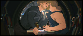 2boys beard beard_stubble black_border black_pants blonde_facial_hair blonde_hair blue_tank_top blurry blurry_background border chair chest_hair clothes_grab commentary couple english_commentary facial_hair grabbing_another's_shirt grey_shirt guardians_of_the_galaxy kiss limach-an low_ponytail male_focus marvel multiple_boys muscular muscular_male pants peter_quill ponytail shirt short_hair sitting star-lord stubble surprised table tank_top thor:_love_and_thunder thor_(marvel) thor_(marvel)_(series) yaoi