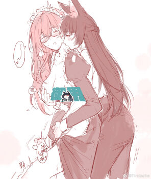 2girls animal_ear_fluff animal_ears artist_name bad_link blunt_bangs blush breasts censored closed_eyes cowboy_shot f1rstache fox_ears fox_girl glasses grabbing_another&#039;s_breast groping hair_between_eyes highres hoshimi_miyabi large_breasts long_hair multiple_girls open_mouth sidelocks standing tsukishiro_yanagi watermark weibo_watermark yuri zenless_zone_zero