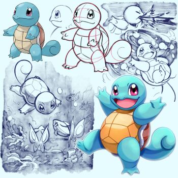 blue_skin butterflyfish colored_skin commentary_request coral finneon fish gen_1_pokemon gen_4_pokemon highres nintendo no_humans nostrils open_mouth pink_eyes pokemon pokemon_(creature) pokemon_frlg shoupitsuki sketch smile spitting squirtle standing standing_on_one_leg swimming tail turtle turtle_shell underwater